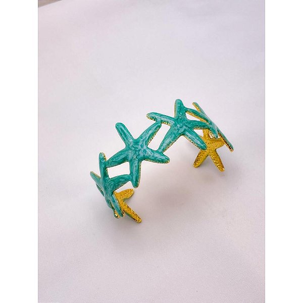 BRACELETE AÇO INOXIDÁVEL ESTRELA DO MAR RESINADO TURQUESA - DOURADO