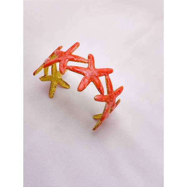 BRACELETE AÇO INOXIDÁVEL ESTRELA DO MAR RESINADO SALMON - DOURADO