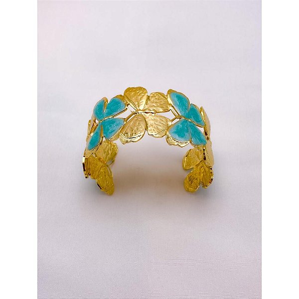 BRACELETE AÇO INOXIDÁVEL BORBOLETAS RESINADO TURQUESA - DOURADO