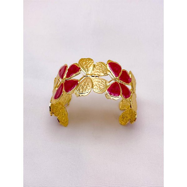 BRACELETE AÇO INOXIDÁVEL BORBOLETAS RESINADO VERMELHO - DOURADO