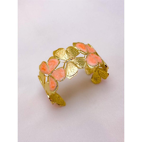 BRACELETE AÇO INOXIDÁVEL BORBOLETAS RESINADO SALMON - DOURADO