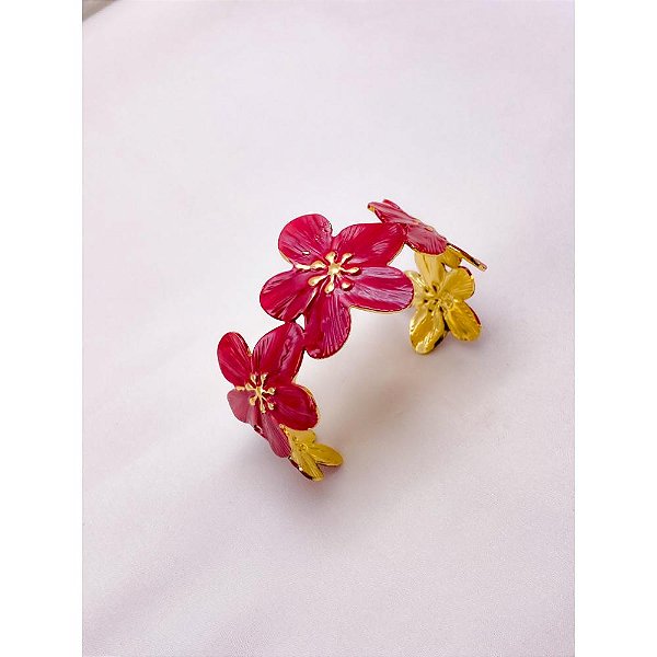 BRACELETE AÇO INOXIDÁVEL FLOR ESMALTADO VERMELHO - DOURADO