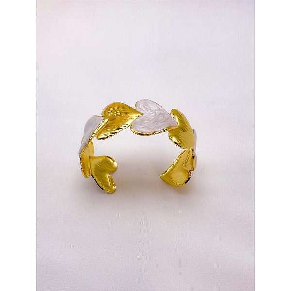 BRACELETE AÇO INOXIDÁVEL CORAÇÕES RESINADO PEROLADO - DOURADO