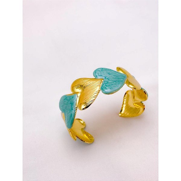 BRACELETE AÇO INOXIDÁVEL CORAÇÕES RESINADO TURQUESA - DOURADO