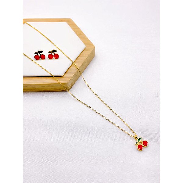 CONJUNTO INFANTIL COLAR  E BRINCO AÇO INOXIDÁVEL  CEREJAS - DOURADO