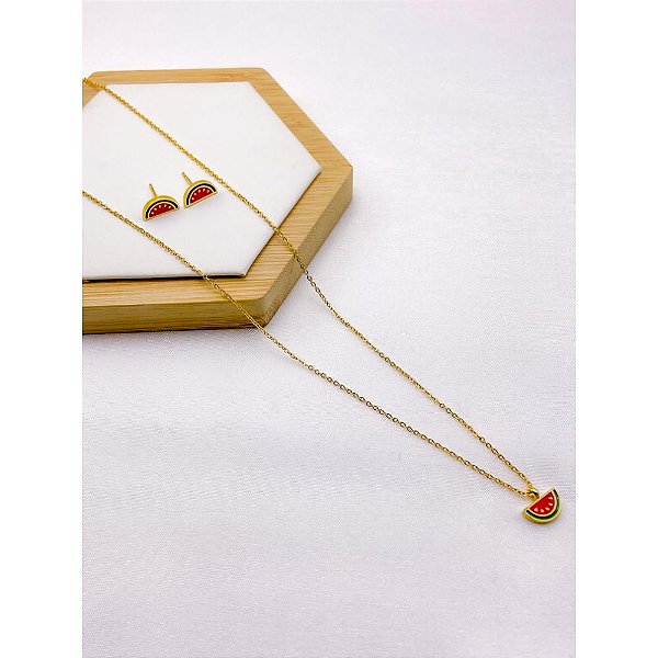 CONJUNTO INFANTIL COLAR  E BRINCO AÇO INOXIDÁVEL  MELÂNCIA - DOURADO