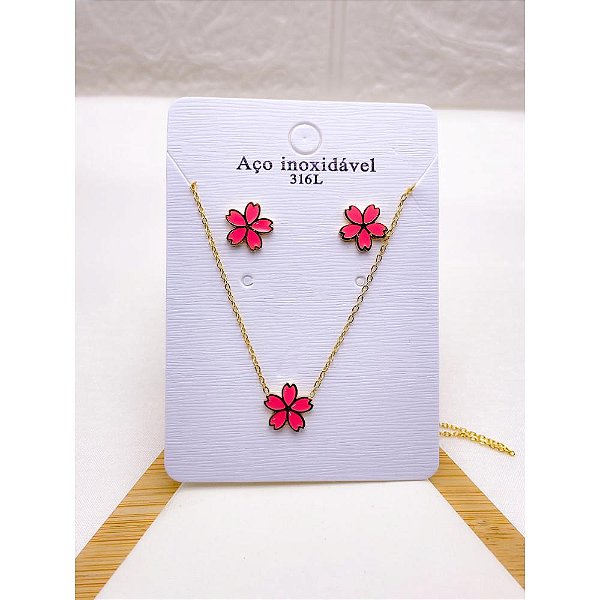 CONJUNTO INFANTIL COLAR  E BRINCO AÇO INOXIDÁVEL  FLOR  - DOURADO