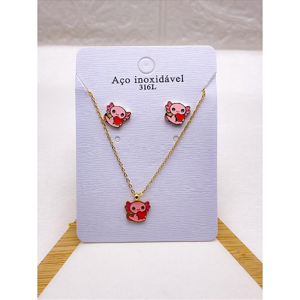 CONJUNTO INFANTIL COLAR  E BRINCO AÇO INOXIDÁVEL  AXOLOTE ROSA  - DOURADO