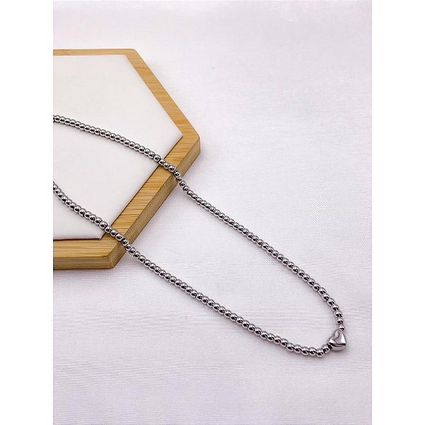 COLAR AÇO INOXIDÁVEL BOLINHAS 45CM CORAÇÃO - PRATEADO