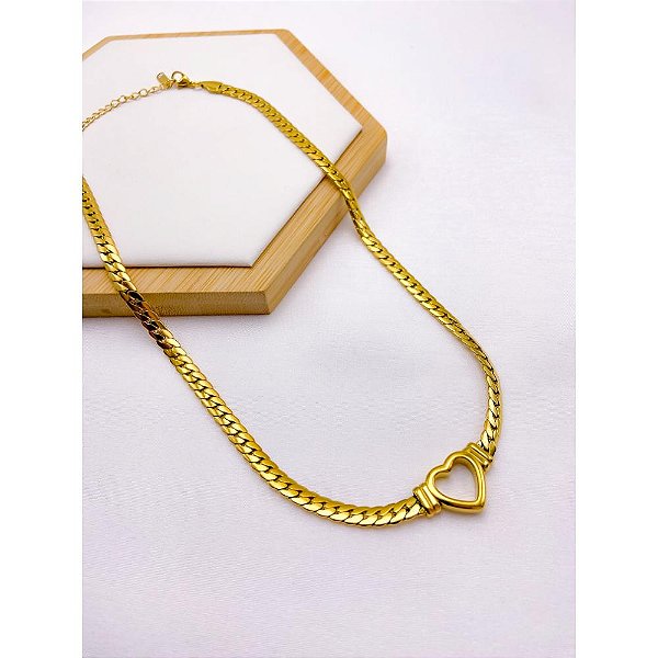 COLAR AÇO INOXIDÁVEL ELO GRUMET TRANÇADO 45CM CORAÇÃO VAZADO - DOURADO