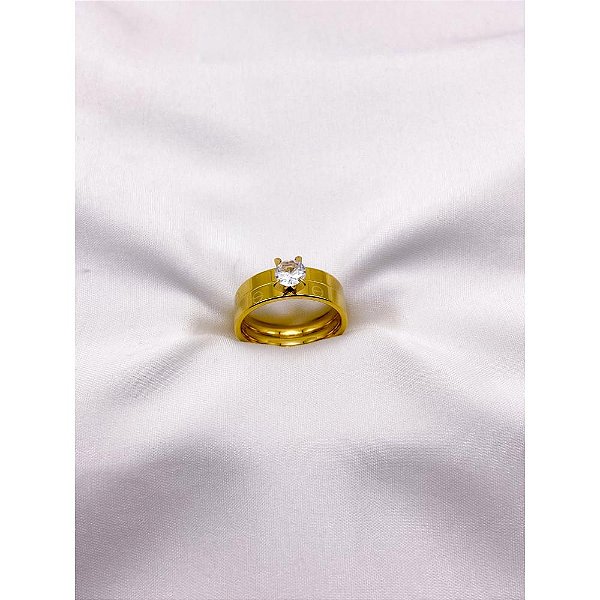 ANEL AÇO INOXIDÁVEL E SOLITARIO PEDRA CRISTAL - DOURADO (UNIDADE)