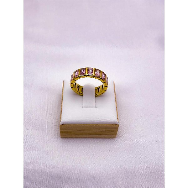 ANEL AÇO INOXIDÁVEL BEZEL FORMATURA PEDRA ROSA  - DOURADO (UNIDADE) - ACOMPANHA CAIXA ROSA
