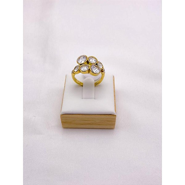 ANEL AÇO INOXIDÁVEL FORMATURA  PEDRA CRISTAL - DOURADO (UNIDADE) - ACOMPANHA CAIXA ROSA
