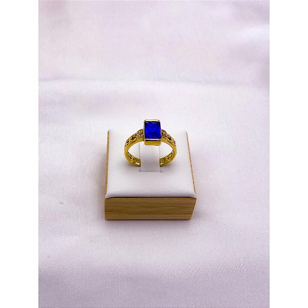 ANEL AÇO INOXIDÁVEL FORMATURA PEDRA AZUL - DOURADO (UNIDADE) - ACOMPANHA CAIXA ROSA