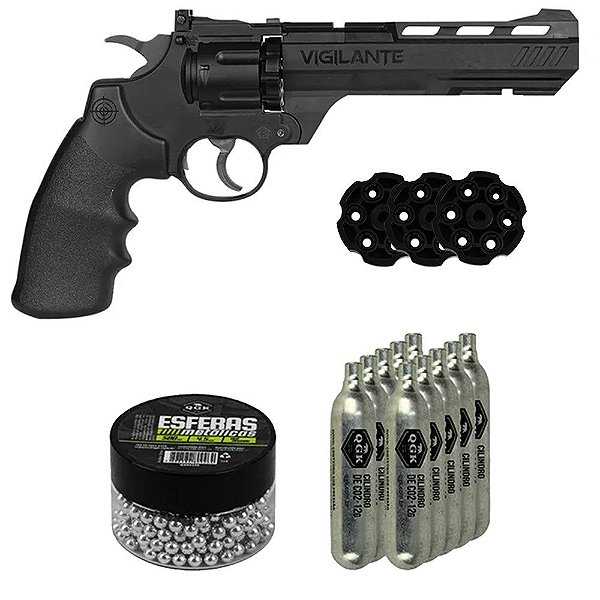 Revólver CO2 Crosman Vigilante 4.5mm + 10 CO2 QGK + Esferas 4.5 500un + 3 Magazines Esfera Aço