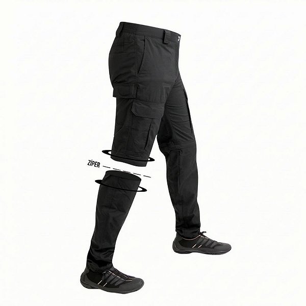 Calça de Pesca Com Ziper no Joelho Preto Lisa - Mar Negro
