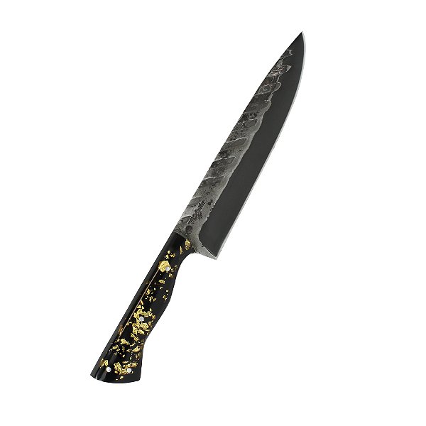 Faca Laminada 8'' Aço Carbono Tratorada Cabo Hibrido Em Resina Preta Folhas Ouro - D'Avila