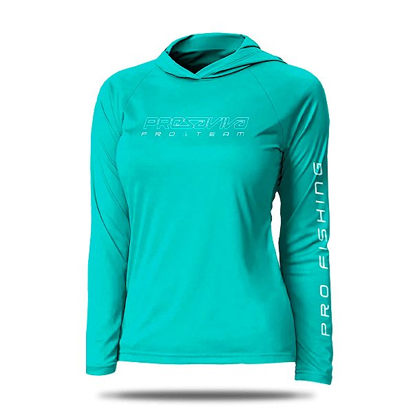 Camiseta de Pesca Feminina Poliamida Baby Look Com Capuz Verde - Presa Viva