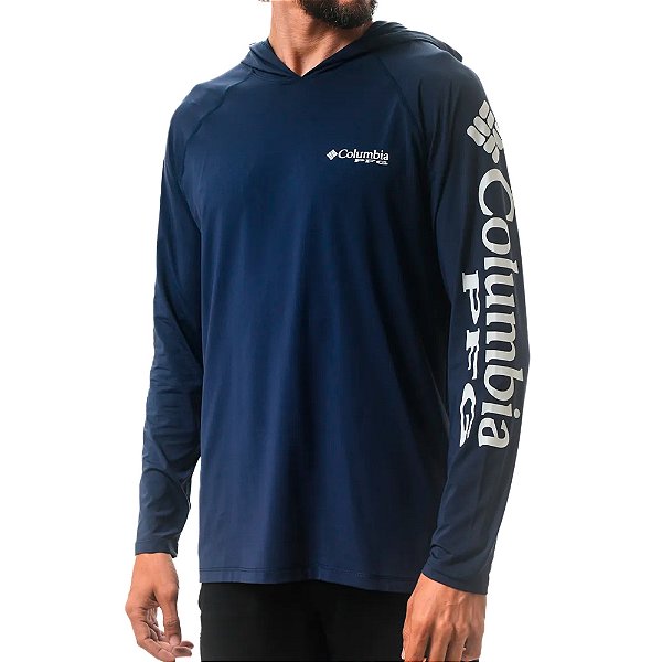 Camiseta Masculina M/L Aurora PFG Terminal Tacke Azul Marinho C/Capuz - Columbia