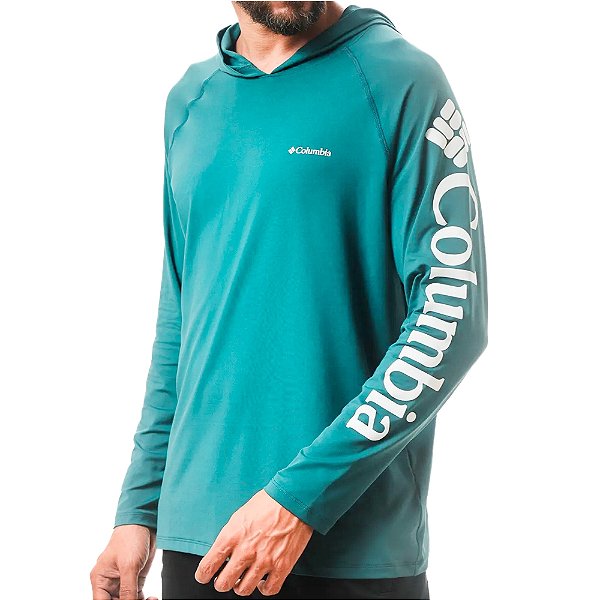 Camiseta Masculina M/L Aurora Com Capuz River Blue Azul - Columbia
