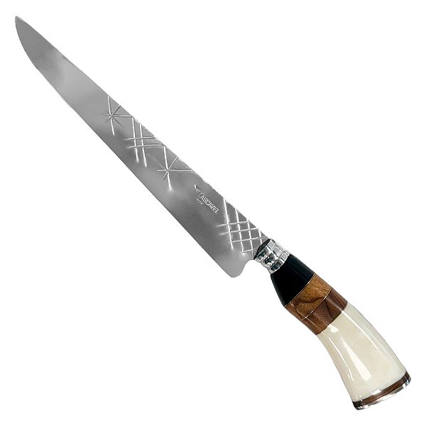 Faca Artesanal 10" Lamina Trabalhada Cabo Madeira Resinado Listras - Facas Cascavel