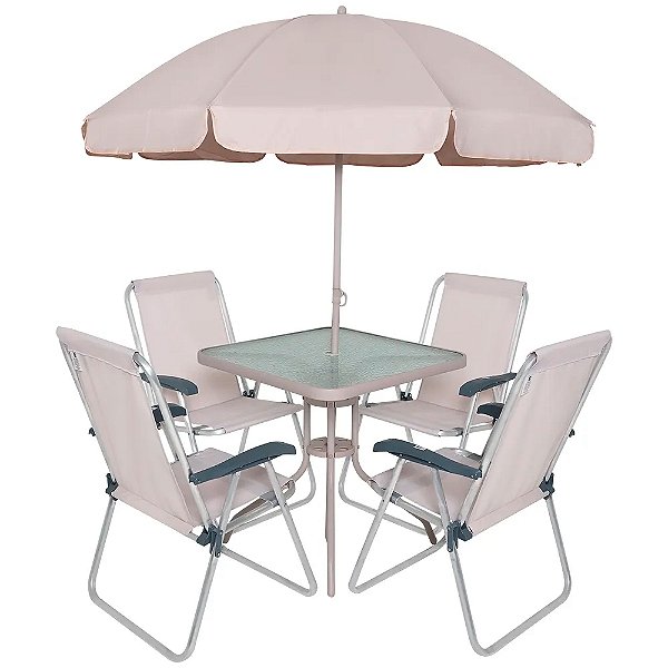 Conjunto Pretopolis Aluminio Bege Cadeira/Mesa/Ombrelone - Bel
