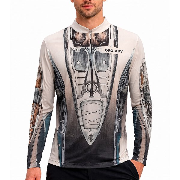 Camiseta De Pesca Manga Longa Ziper Caiaque Cinza - Oro Adventure