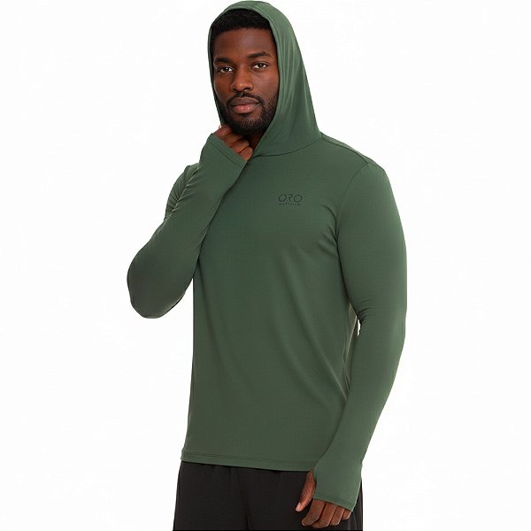 Camiseta Manga Longa Com Capuz Dedal Verde Militar - Oro Adventure