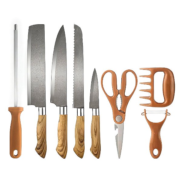 Conjunto Facas 8 Peças Detalhe Madeira Claro EC3420 - Ecooda