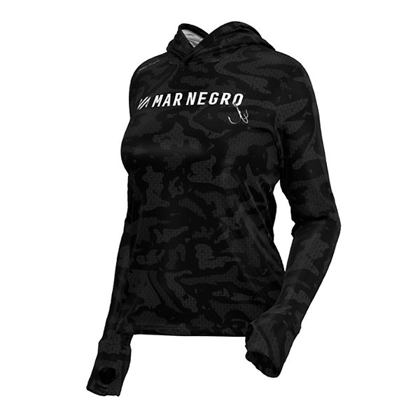 Camiseta Feminina Sublimada XProtection Com Capuz FPS 50+ Camo Black - Mar Negro