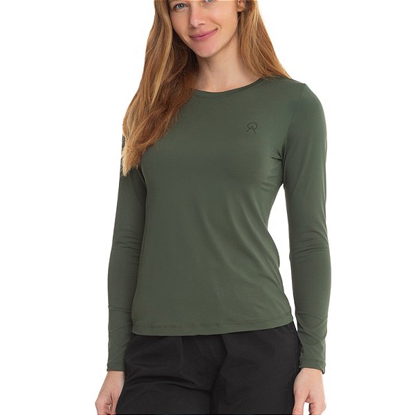 Camiseta Sport Dry Manga Longa Feminina UV50+ Verde Militar - Oro Adventure