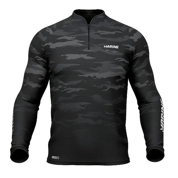 Camiseta De Pesca Manga Longa Cammo Preta S/ Capuz - Marine Sport