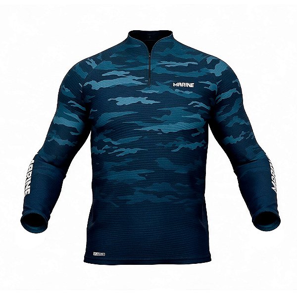 Camiseta De Pesca Manga Longa Cammo Azul S/ Capuz - Marine Sport
