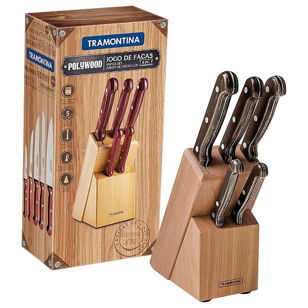 Jogo Facas Polywood com Lâminas em Aço Inox e Cabos de Madeira 6Pçs