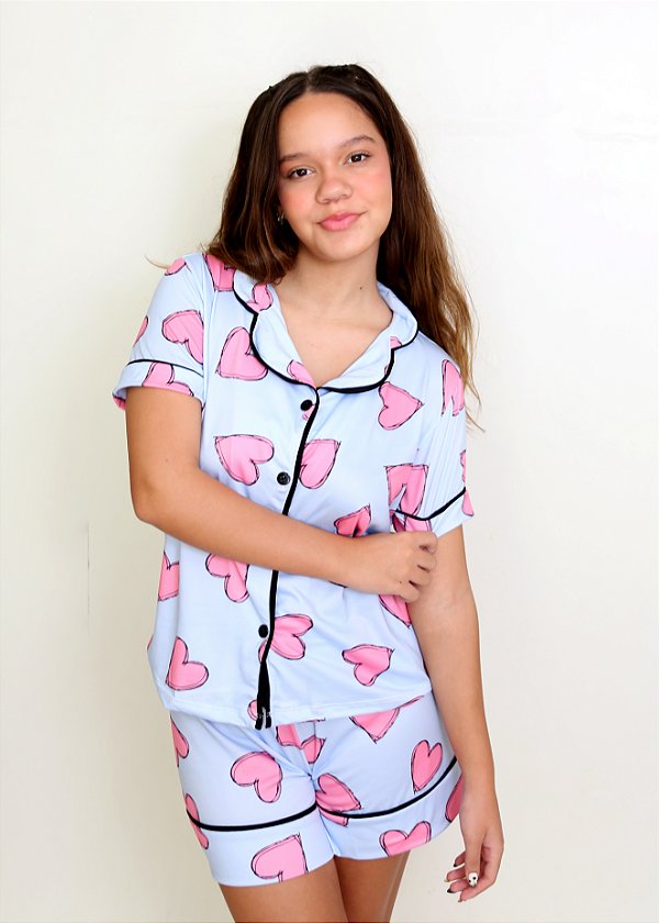 Pijama Feminino Americano Azul Corações Rosa
