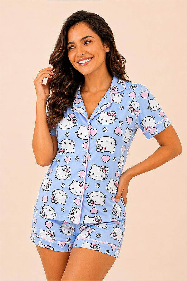 Pijama Feminino Americano Hello Kitty Blue