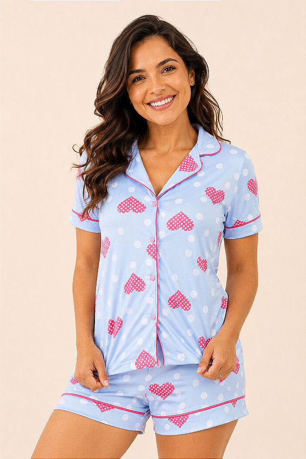 Pijama Feminino Americano Azul Poá Coração