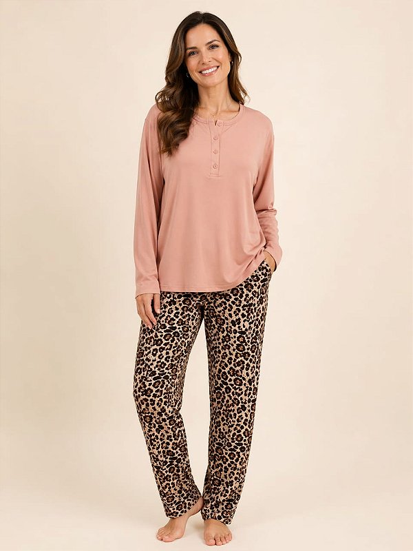 Pijama Feminino Manga Longa Rosa Onça