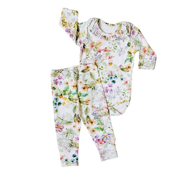 Conjunto Bebê Body Mangas Longas E Calça Culote Florida