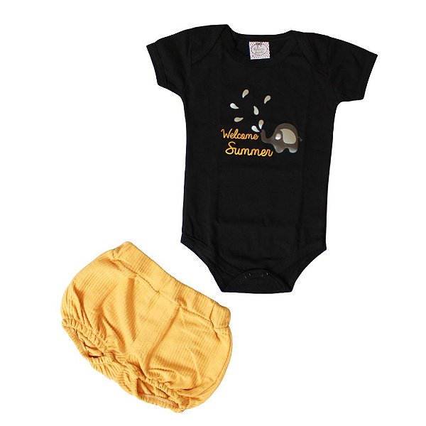 Conjunto Bebê Body Mangas Curtas E Shorts Elefantinho