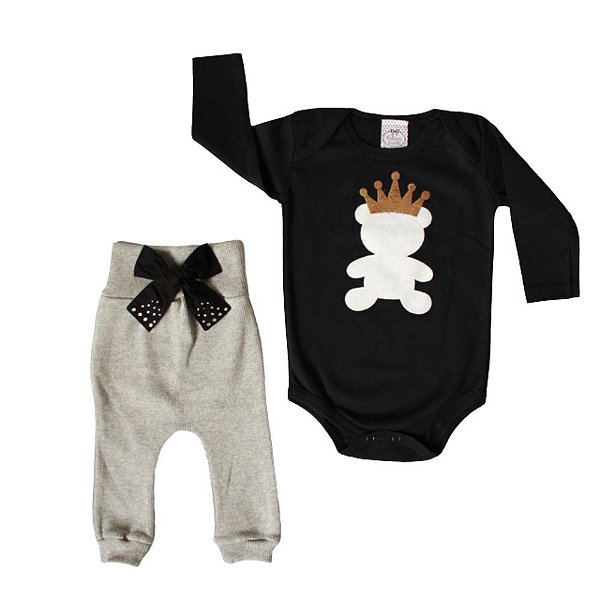Conjunto Bebê Body Mangas Longas E Calça Saruel Princesa Ursa
