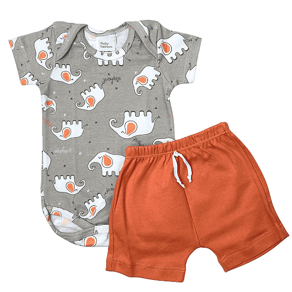 Conjunto Bebê/Infantil Body Mangas Curtas E Shorts Elefante
