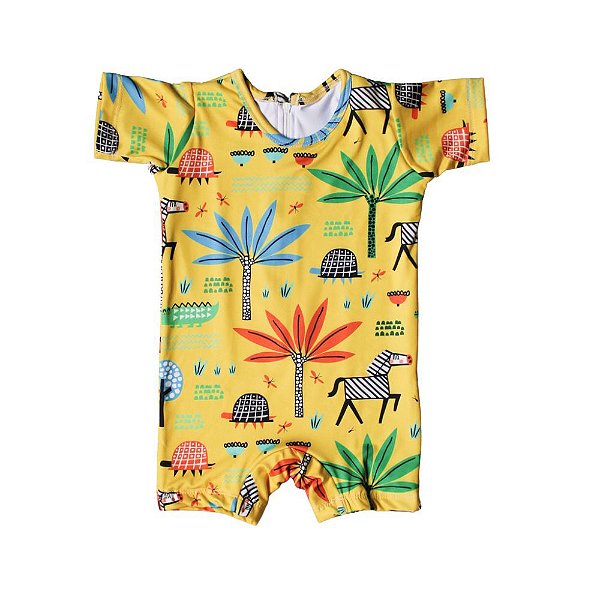Macacão Curto Bebê Mangas Curtas Com Proteção Solar UV 50 Safari