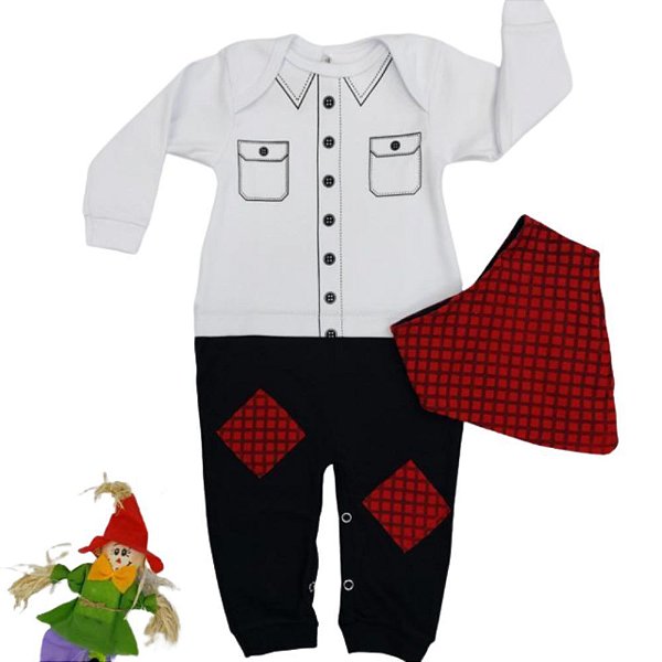 Macacão Longo Bebê Mangas Longas Festa Junina Com Bandana