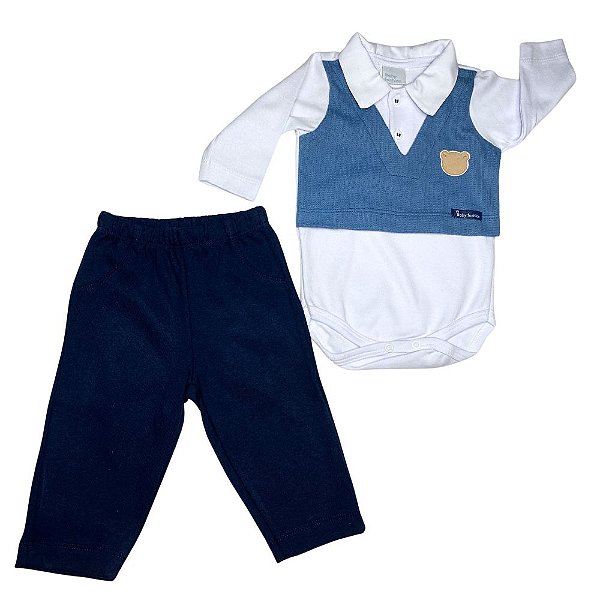 Conjunto Body Branco Colete Azul Ursinho