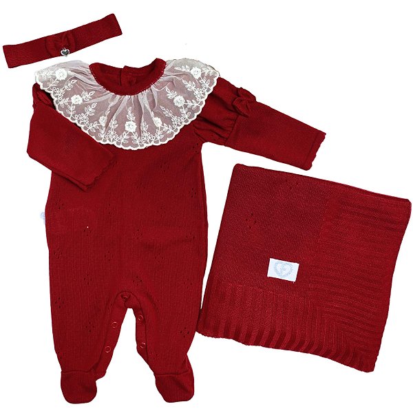 Kit Bebê Saída Maternidade Bordô Gola De Renda