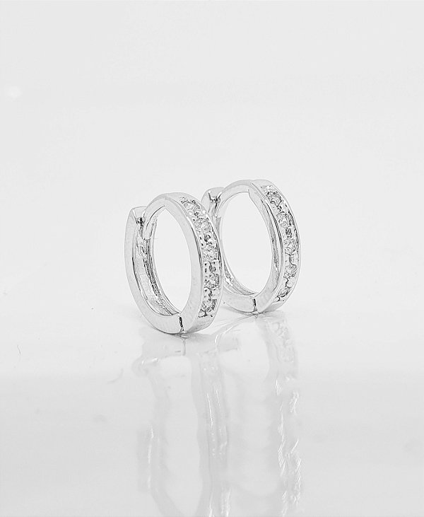 Brinco Masculino Par Argola Cravejada 1 Fileira M (11,8X2,6mm) Banhado A Ouro Branco BRI057