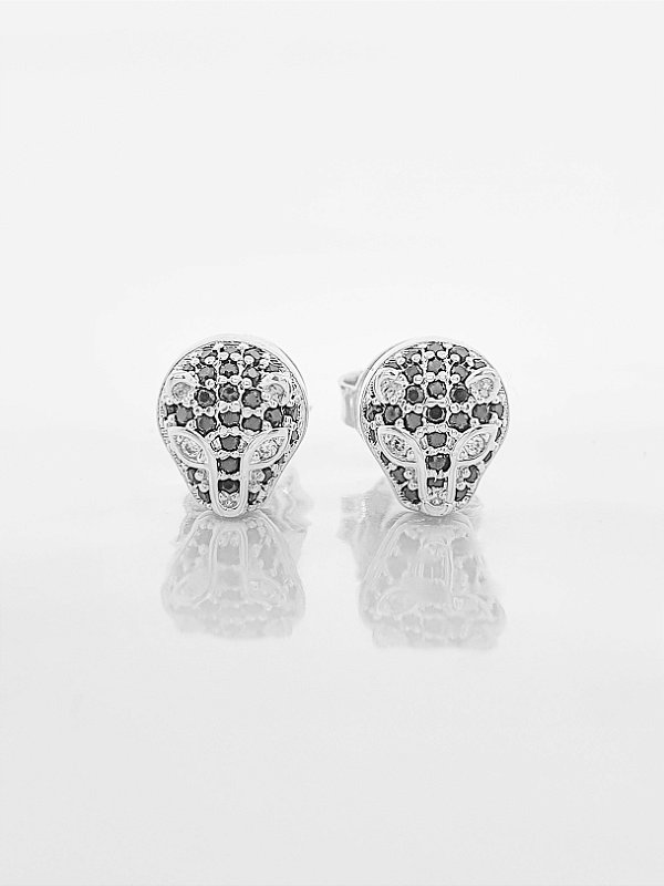 Brinco Masculino Par Tigre Com Pedra Preta Banhado A Ouro Branco BRI097