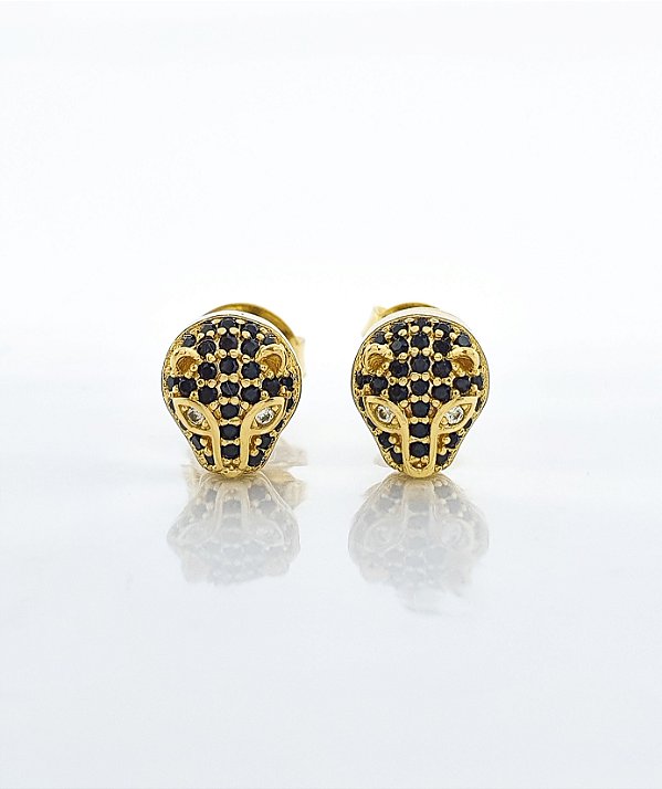 Brinco Masculino Par Tigre Com Pedra Preta Banhado A Ouro 18K BRI091