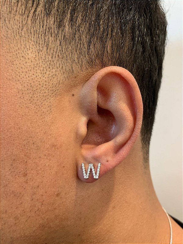 Brinco Masculino Par Letra W (9,8X8mm) Banhado A Ouro Branco BRI099